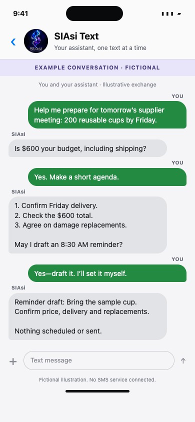 Fictional user-to-assistant conversation with SIAsi Text: the user prepares for a supplier meeting, and SIAsi drafts an agenda and asks permission before drafting a reminder. Nothing is scheduled or sent.